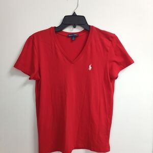 Women's Ralph Lauren Red V-Neck T-Shirt Size L 100% Cotton Short Sleeves Top